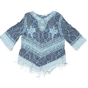 SOLITAIRE Boho Crochet Lace‎ Trimmed Floral Paisley Tunic Top Women's Sz L
